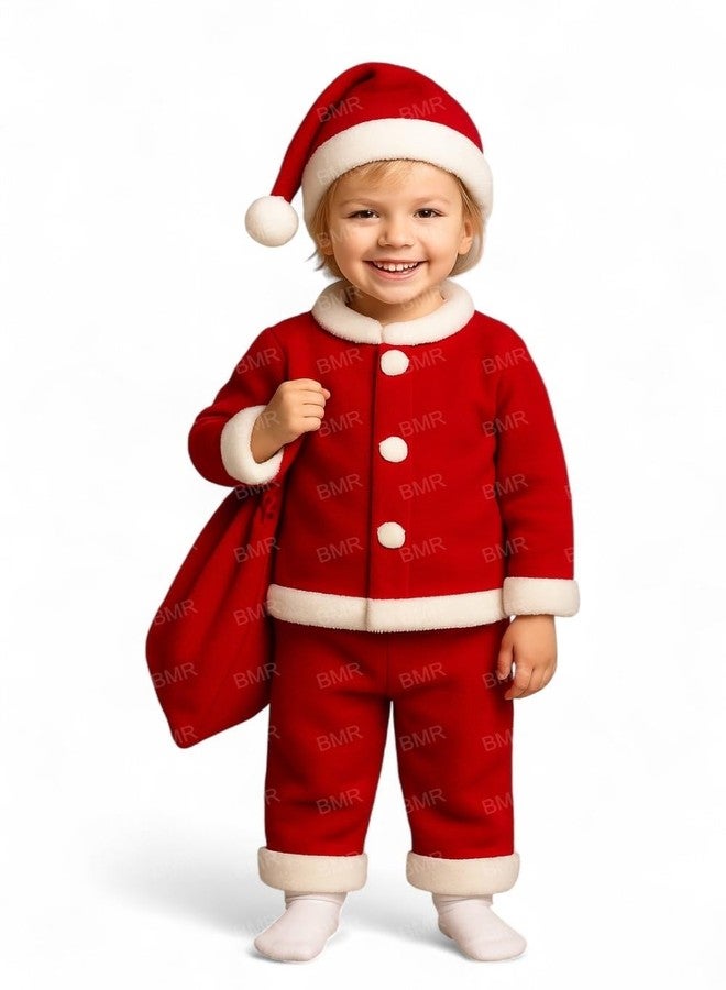 ARCK Santa Claus Dress For Kids 5-7 Years Boy Girl 4Pc Set with Shirt Pant Hat Goodie Bag Warm Fleece Christmas Fancy Dress Competition Costume School Annual Function Xmas Suit Prop Red - Image 1